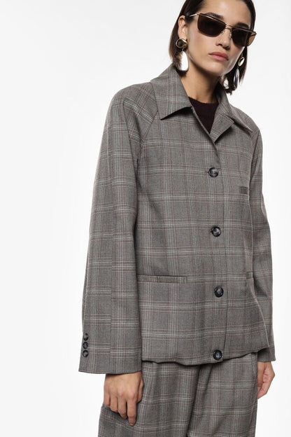 Gray Plaid Wool Jacket with Relaxed Fit