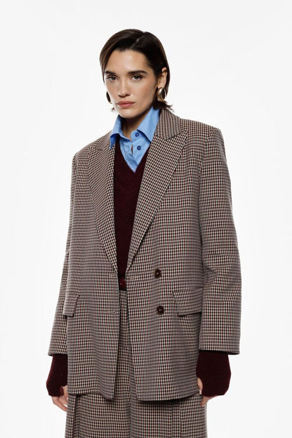 Plaid Tailored Blazer with Single-Breasted Closure