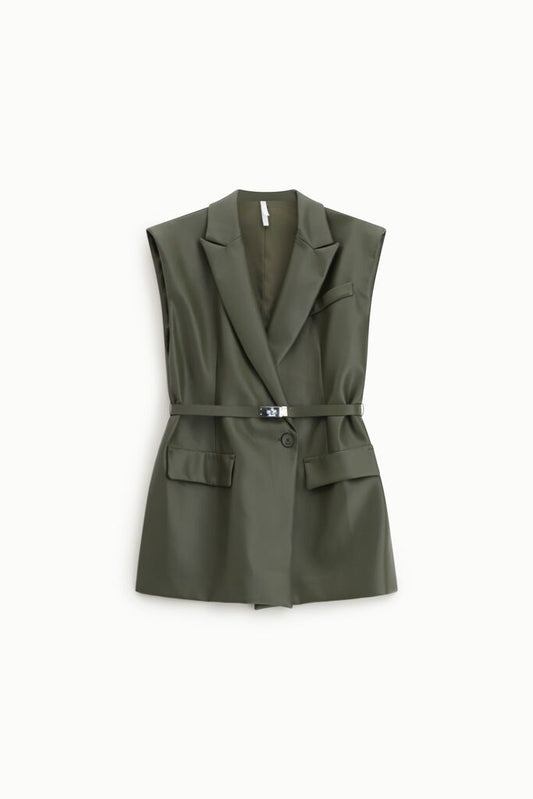 Olive Tailored Vest with Belt Detail