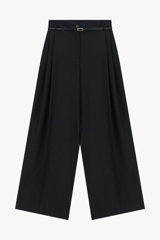 Black Wide-Leg Trousers with Belt Detail
