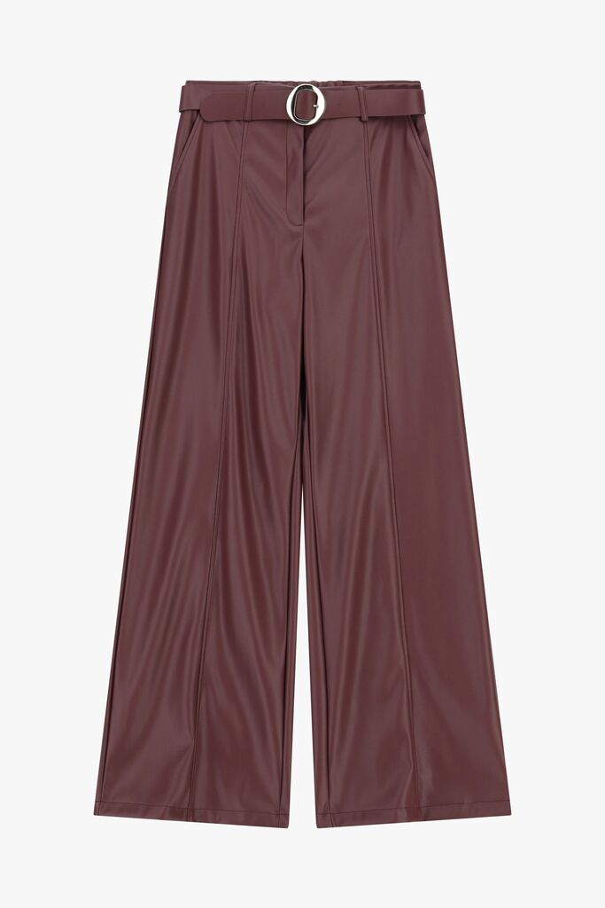 Burgundy Faux Leather Wide-Leg Pants with Belt
