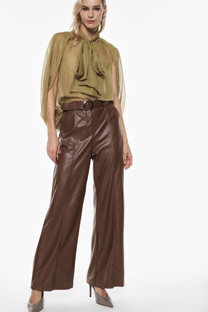 Burgundy Faux Leather Wide-Leg Pants with Belt