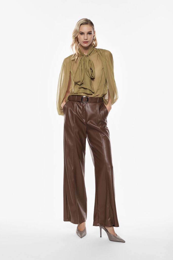 Burgundy Faux Leather Wide-Leg Pants with Belt