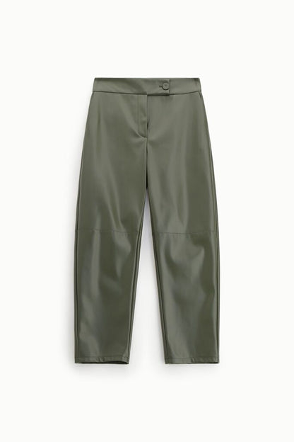 Olive Faux Leather Cropped Pants with Wide Leg