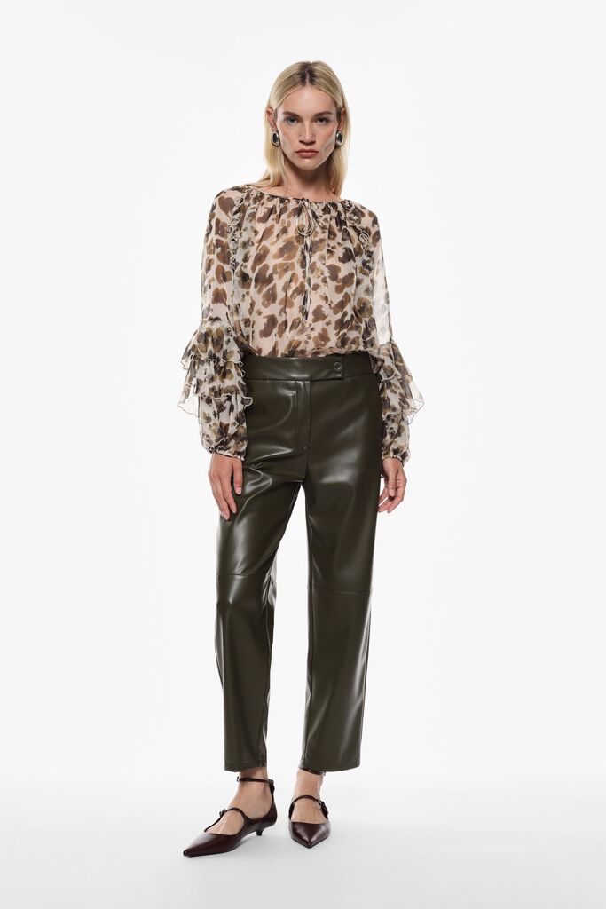 Olive Faux Leather Cropped Pants with Wide Leg