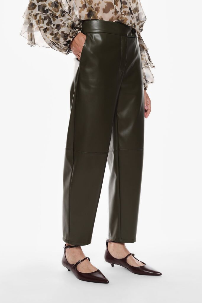 Olive Faux Leather Cropped Pants with Wide Leg