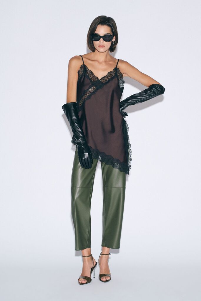 Olive Faux Leather Cropped Pants with Wide Leg