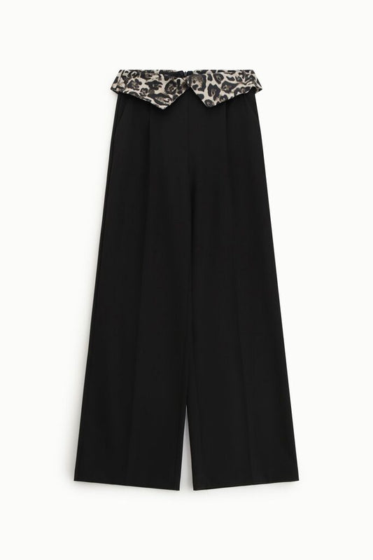 Black Wide-Leg Pants with Leopard Print Detail