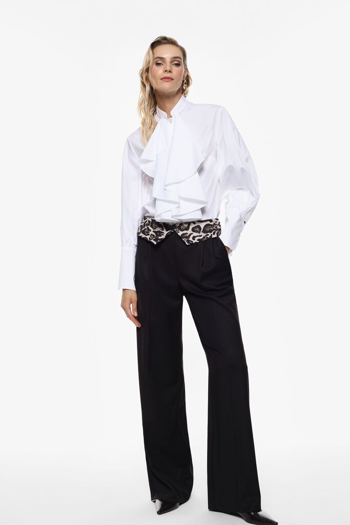 Black Wide-Leg Pants with Leopard Print Detail