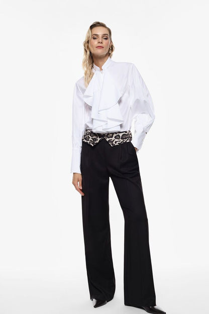 Black Wide-Leg Pants with Leopard Print Detail