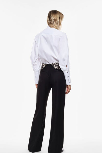 Black Wide-Leg Pants with Leopard Print Detail