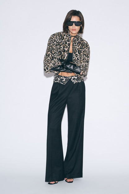Black Wide-Leg Pants with Leopard Print Detail