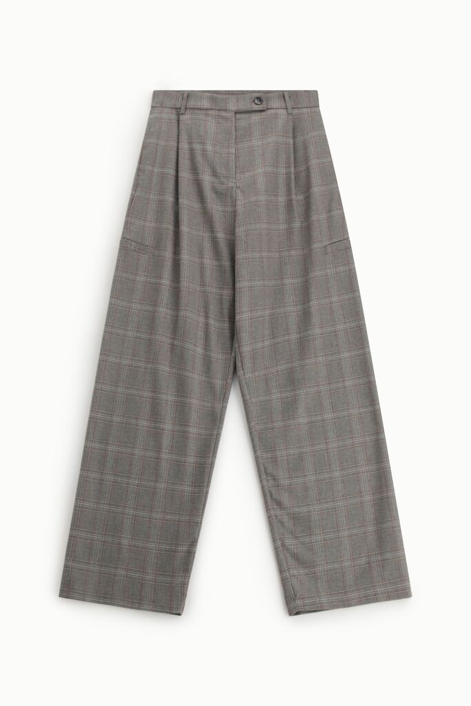 Gray Plaid Wide-Leg Trousers with Button Detail