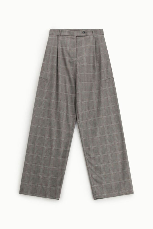 Gray Plaid Wide-Leg Trousers with Button Detail