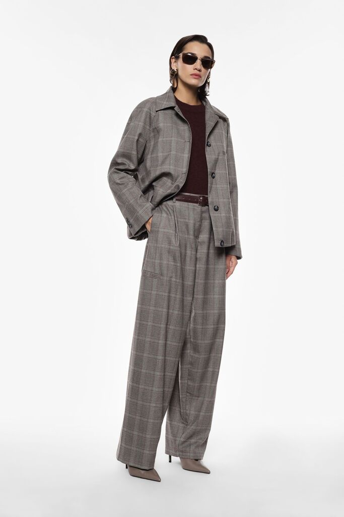 Gray Plaid Wide-Leg Trousers with Button Detail