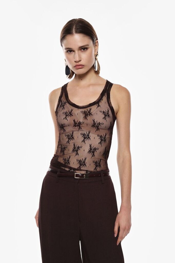 Brown Sheer Tank Top with Intricate Pattern