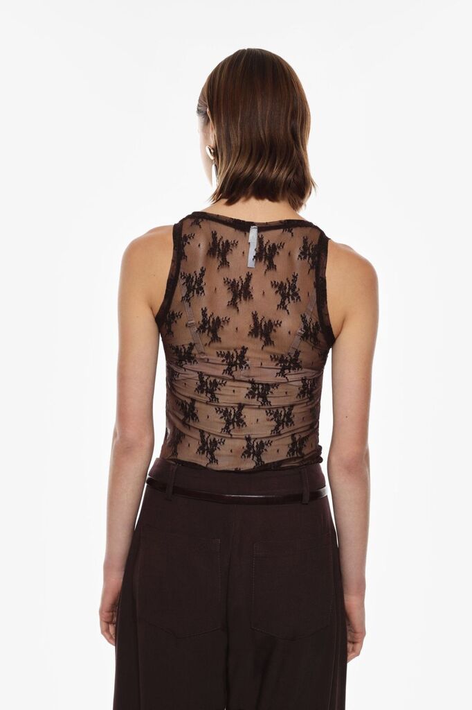 Brown Sheer Tank Top with Intricate Pattern