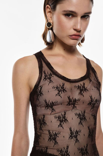 Brown Sheer Tank Top with Intricate Pattern