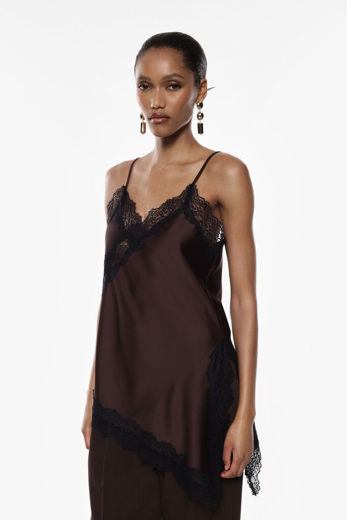 Brown Lace Trim Asymmetrical Camisole