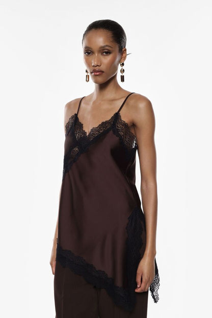 Brown Lace Trim Asymmetrical Camisole