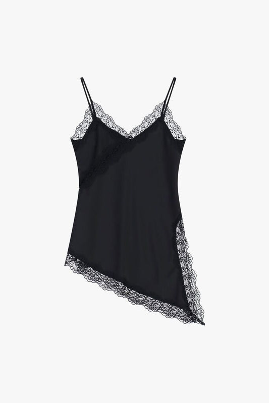 Black Lace-Trim Asymmetrical Slip Dress