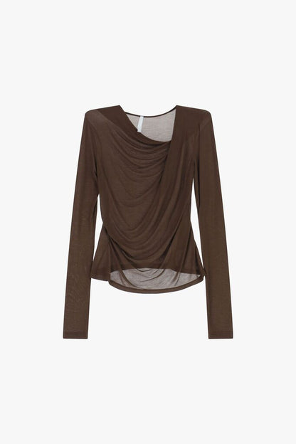 Brown Sheer Drape Long Sleeve Top
