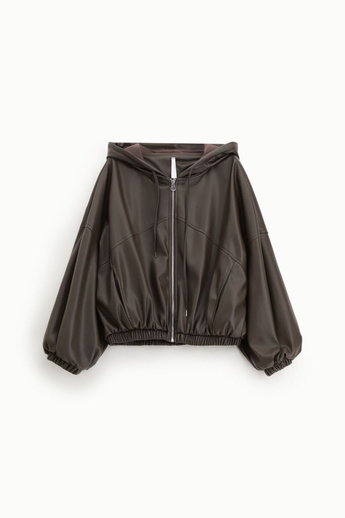Dark Glossy Hooded Jacket with Elastic Hem