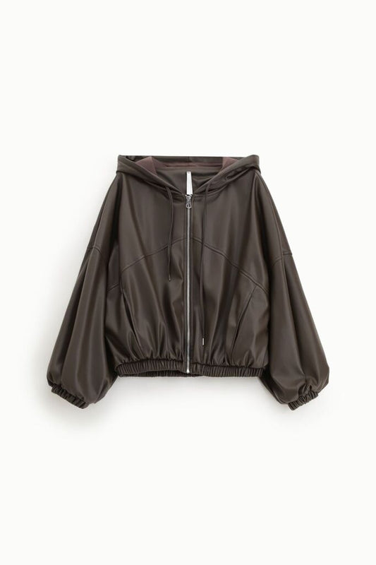 Dark Glossy Hooded Jacket with Elastic Hem
