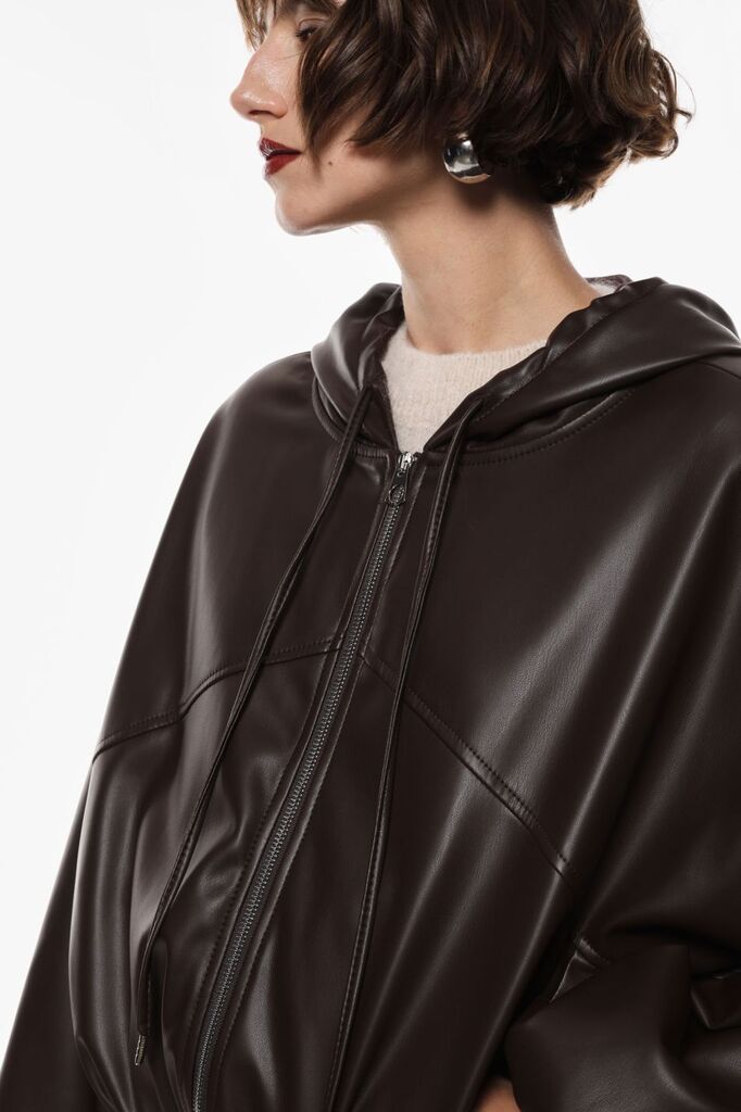 Dark Glossy Hooded Jacket with Elastic Hem
