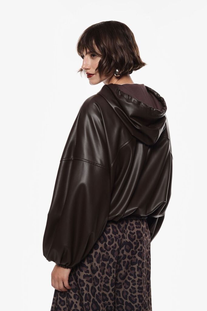Dark Glossy Hooded Jacket with Elastic Hem