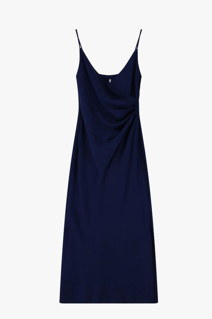 Navy Drape Midi Dress with Spaghetti Straps