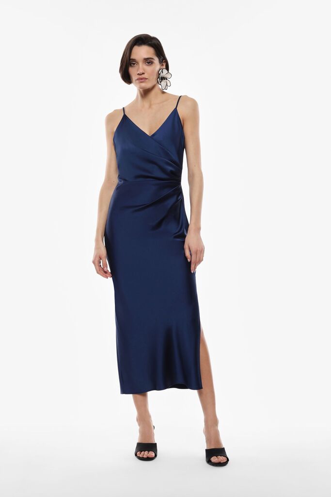 Navy Drape Midi Dress with Spaghetti Straps