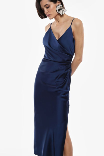Navy Drape Midi Dress with Spaghetti Straps