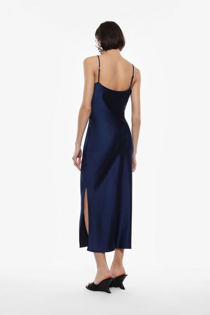 Navy Drape Midi Dress with Spaghetti Straps