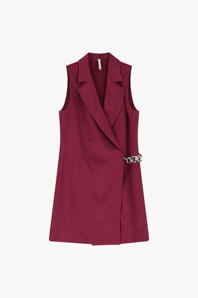 Burgundy Woven Sleeveless Vest Dress with Chain Detail