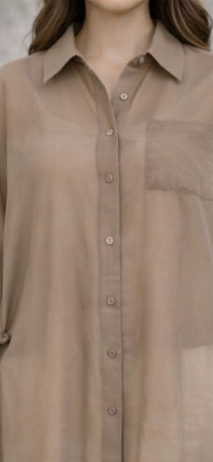 Taupe Sheer Oversized Shirt with Pocket Detail