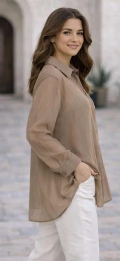 Taupe Sheer Oversized Shirt with Pocket Detail