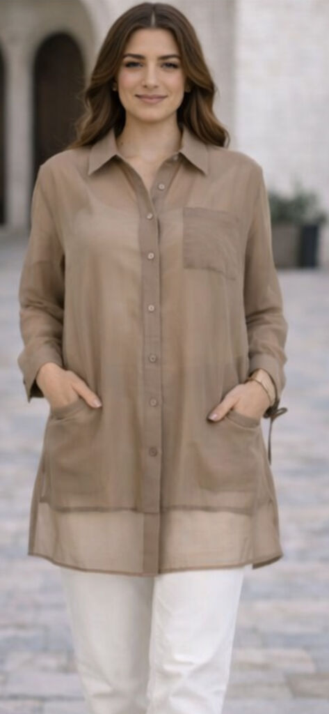 Taupe Sheer Oversized Shirt with Pocket Detail