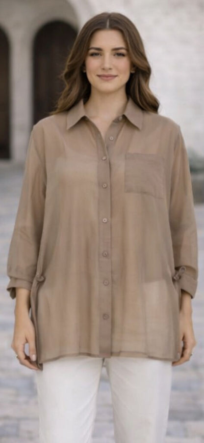 Taupe Sheer Oversized Shirt with Pocket Detail