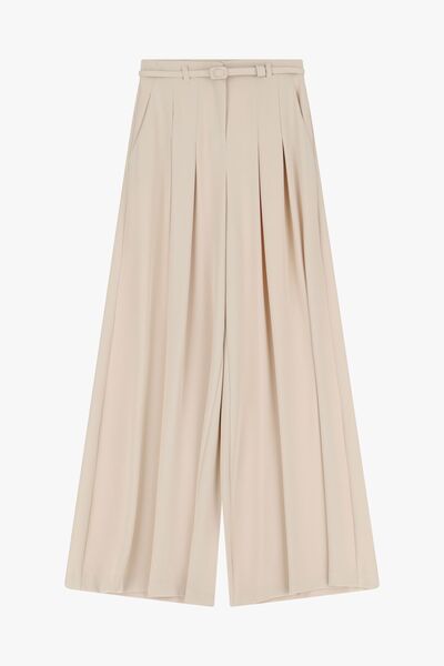 Beige Wide-Leg Pleated Trousers with Belt