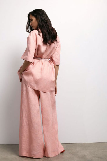 Blush Wide-Leg Linen Pants with Elastic Waist