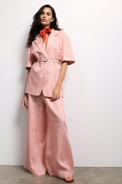 Blush Wide-Leg Linen Pants with Elastic Waist