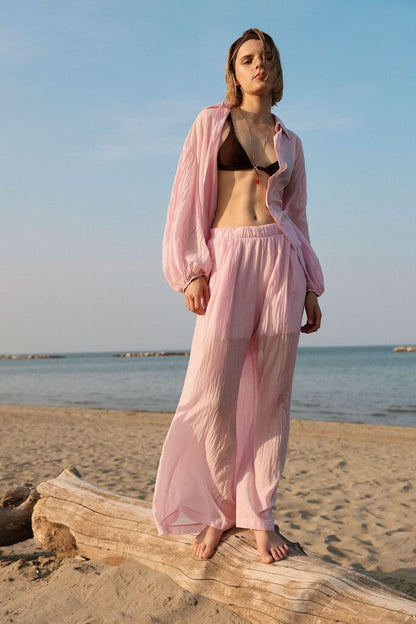 Pink Sheer Pants with Elastic Waistband