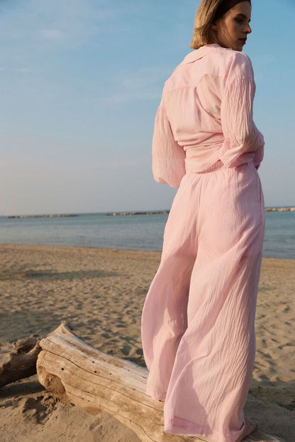 Pink Sheer Pants with Elastic Waistband