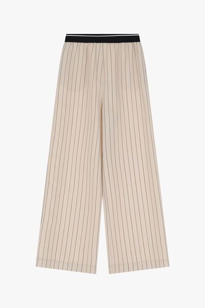 Beige Striped Wide-Leg Trousers with Elastic Waist