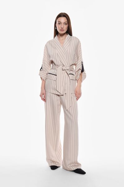 Beige Striped Wide-Leg Trousers with Elastic Waist