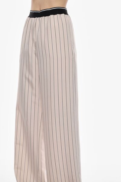 Beige Striped Wide-Leg Trousers with Elastic Waist