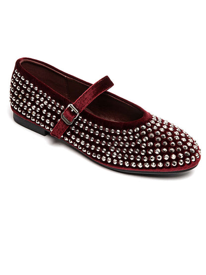 Burgundy Velvet Mary Jane with Studded Detailing