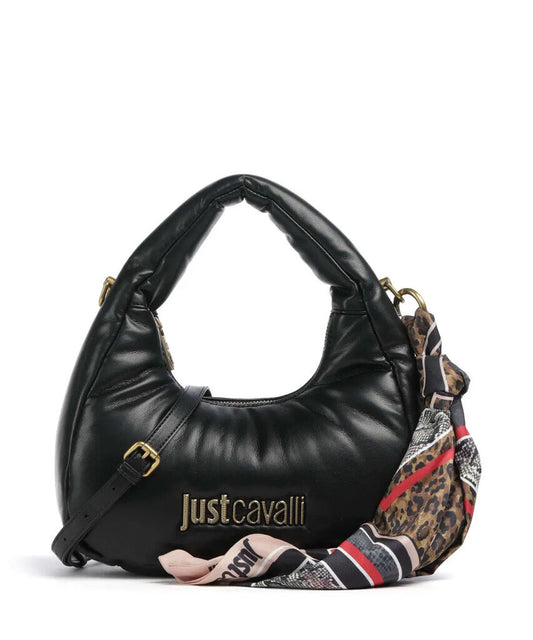 Black Quilted Bag with Patterned Scarf Accent
