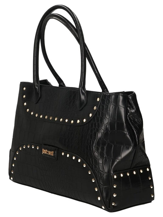 Black Textured Tote Bag with Stud Accents
